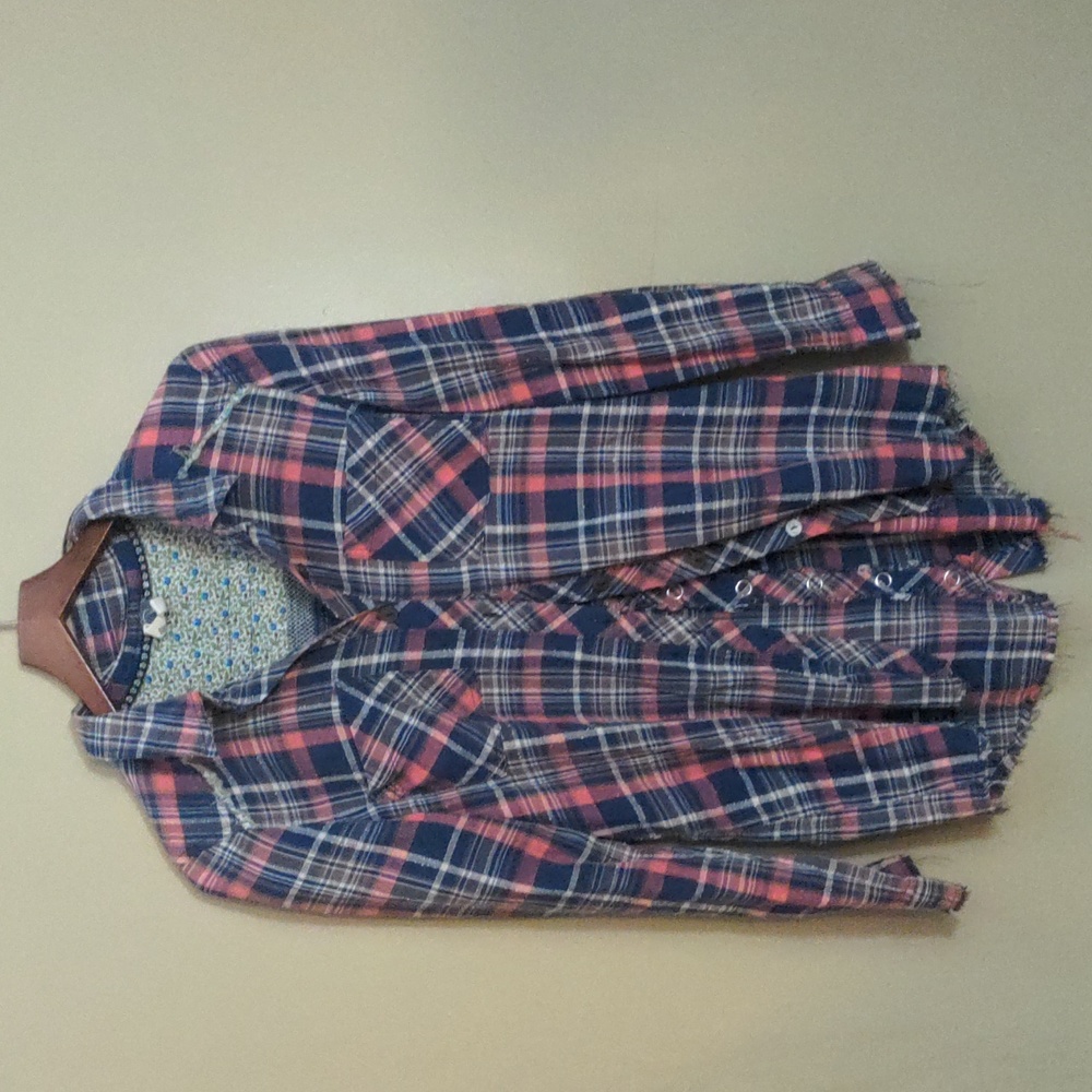 Free People Blue and Pink Plaid Blouse